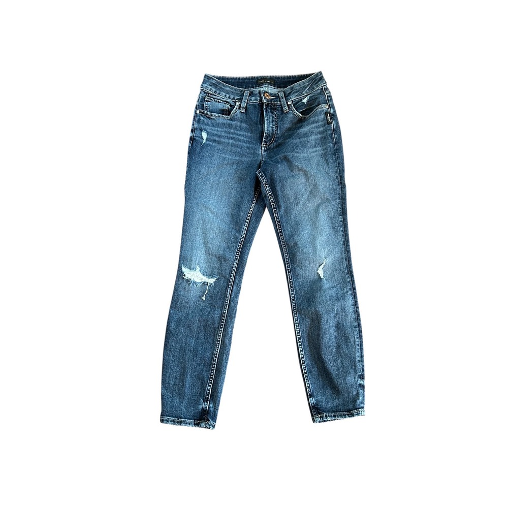 Silver Jeans Co Avery Skinny Crop Distressed Denim Blue Jeans Sz 28 Medium Wash